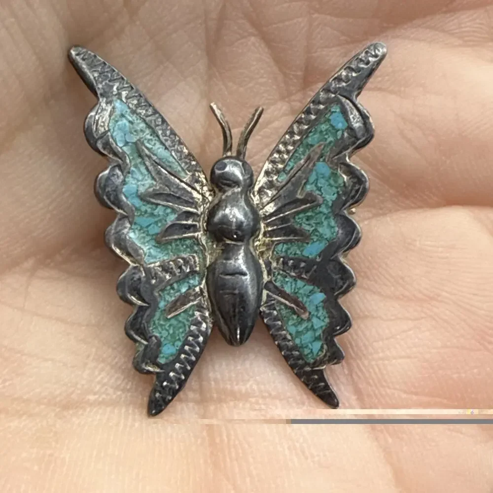VTG 925ME STERLING SILVER Butterfly SIGNED CR69 TURQUOISE INLAY PIN